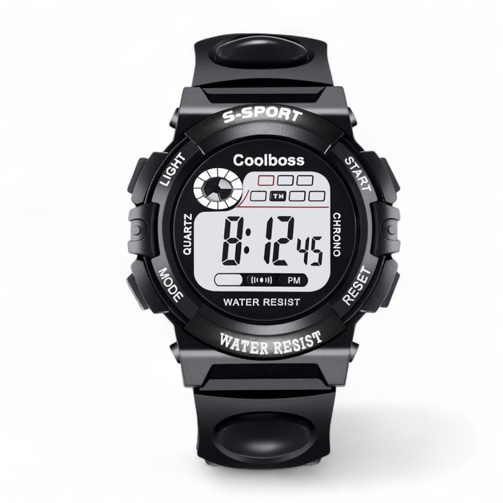 Multifunction children's watch, black, with digital display on white background.